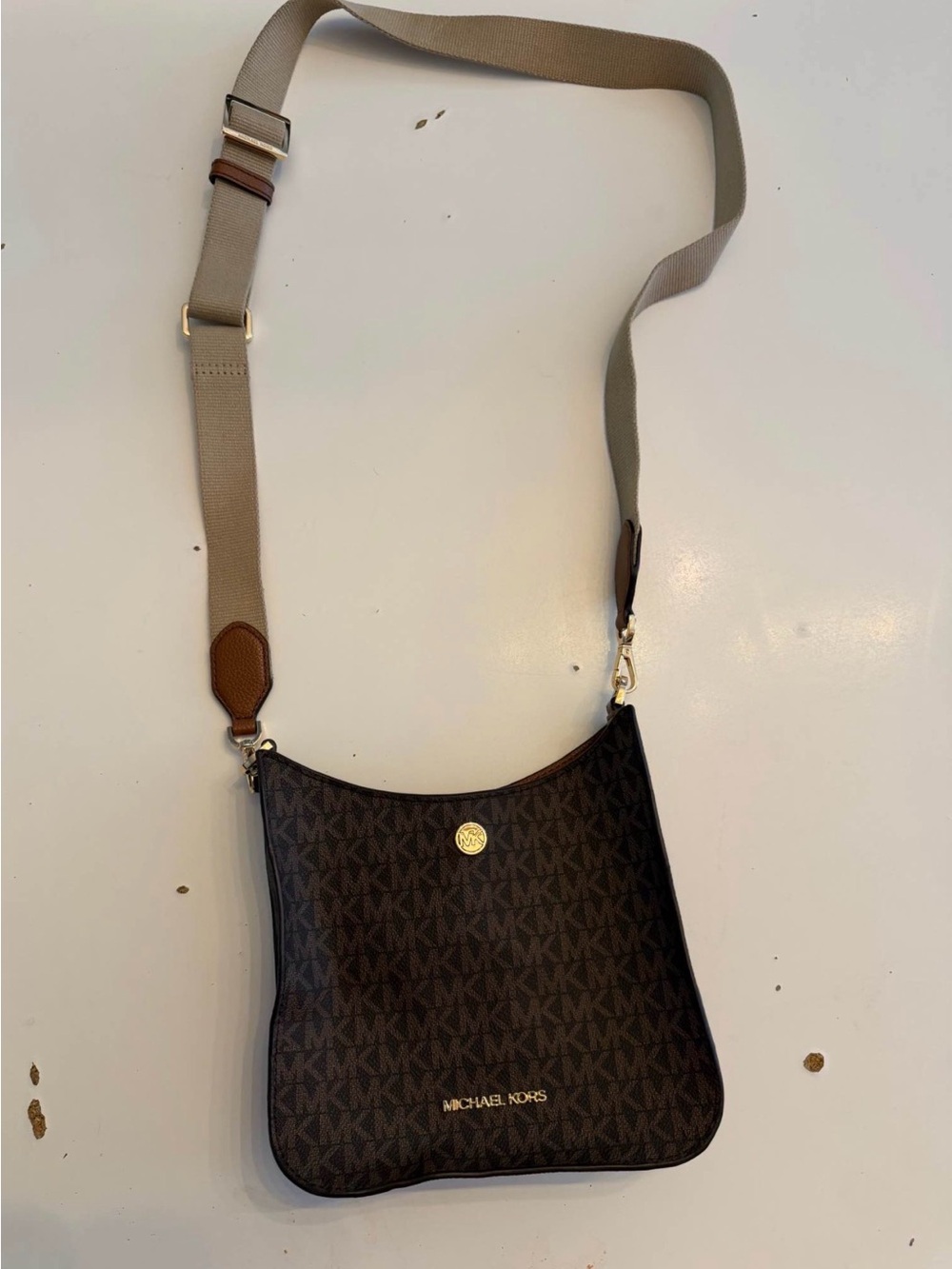 Michael Kors Dark Brown Monogram Crossbody with Beige Strap